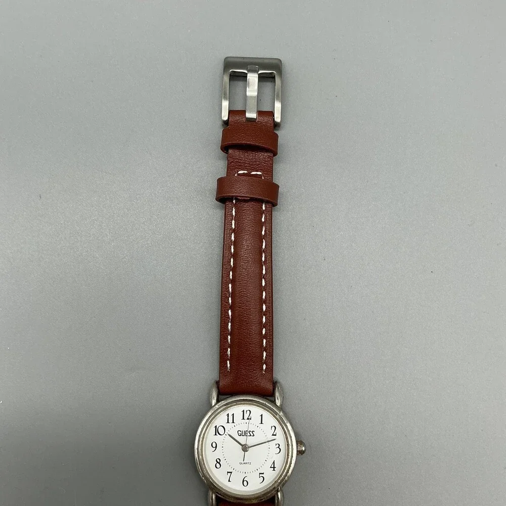 Vintage Guess Womens Watch 25mm Silver Tone White Dial Brown Leather New Battery